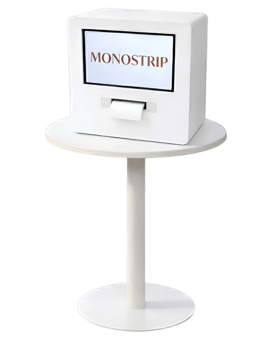 Ilustrasi unit Monostrip — mesin photobooth struk minimalis